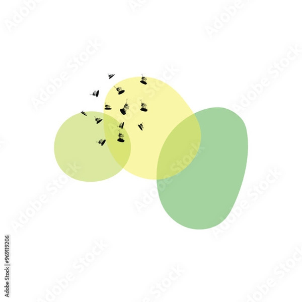 Obraz Abstract illustration with overlapping green and yellow shapes and scattered brush marks.