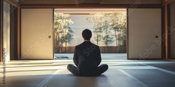 Fototapeta Man sitting in a Japanese room, looking out window.