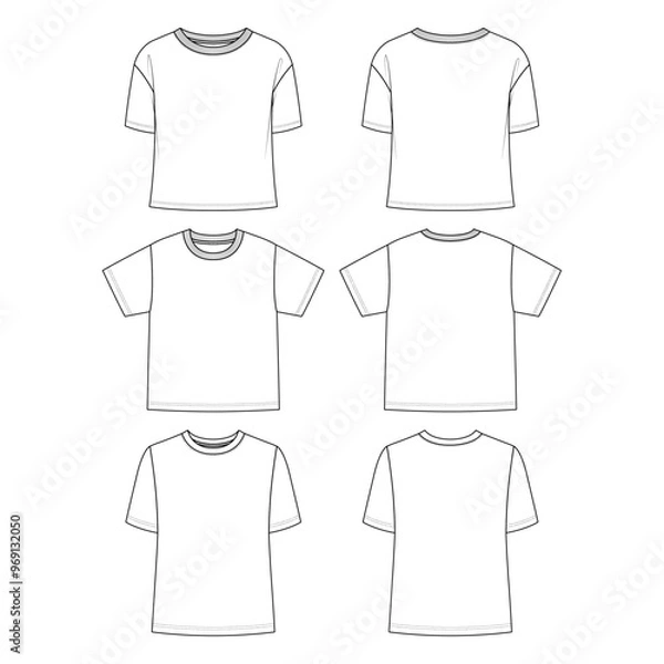 Obraz White basic t-shirt flat sketch template. Front and back view of shirt mock up.