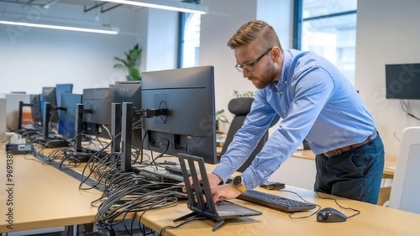 Fototapeta IT Specialist Installing Network Equipment in a Modern Office