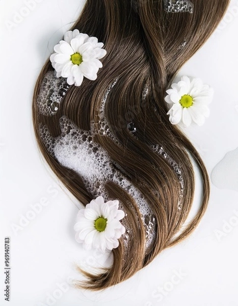 Fototapeta a strait and smooth hair isolated on background for hair care with a shampoo and flowers
