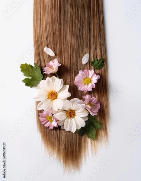 Fototapeta a strait and smooth hair isolated on background for hair care with a shampoo and flowers