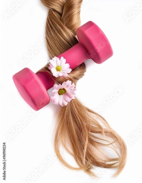 Fototapeta a strait and smooth hair isolated on background for hair care with a shampoo and flowers