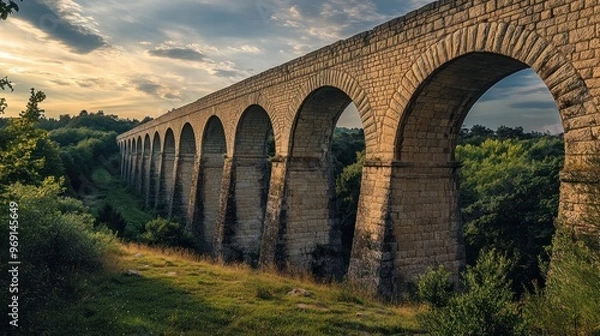 Fototapeta A stone aqueduct bridge arches over lush greenery under a dramatic sky.
