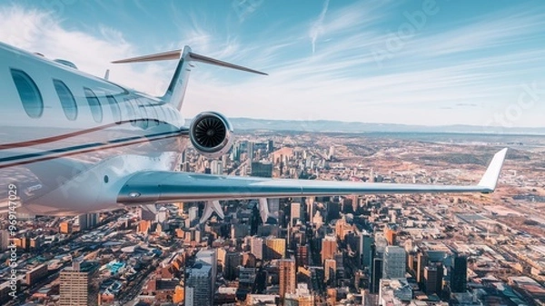 Fototapeta Jet Overlooking a Busy City from High Altitude