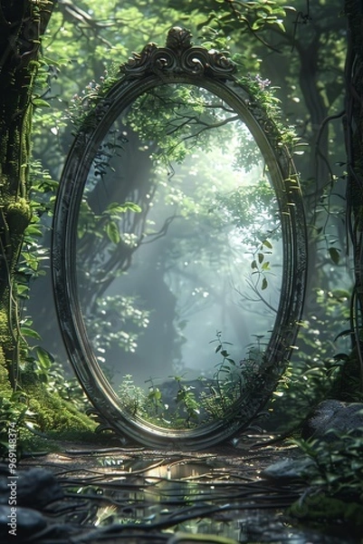 Fototapeta A mystical mirror in a lush forest, surrounded by greenery and soft light, inviting exploration and reflection.