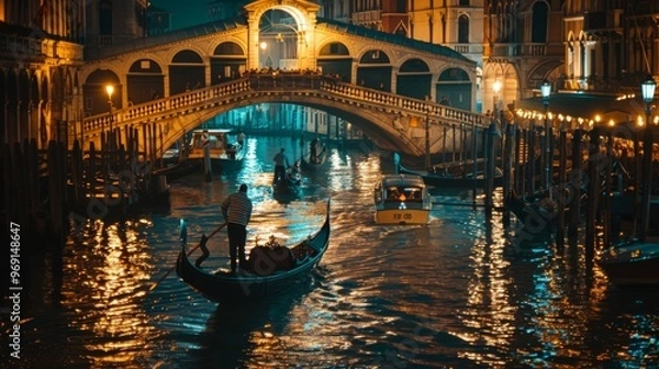 Obraz A Stunning Night View of Venice with Gondolas and a Beautiful Bridge
