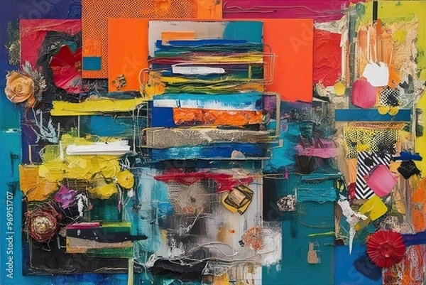 Fototapeta Dynamic Mixed Media Art with Bold Colors Layers Textures and Graphic Elements in a Vibrant Palette