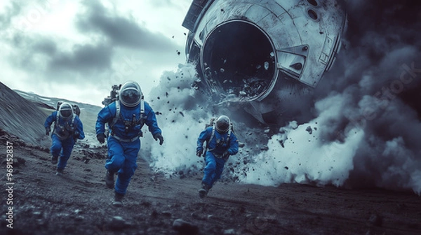 Fototapeta A movie poster depicts an alien spacecraft crashing to the ground, with three space explorers in blue spacesuits running away from it towards the camera