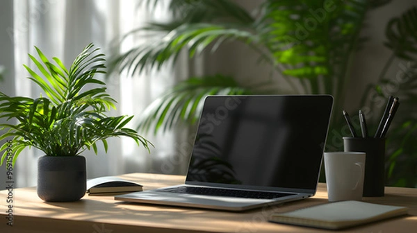 Obraz Vibrant Image of a Minimalist Workspace with a Laptop and Green Plant