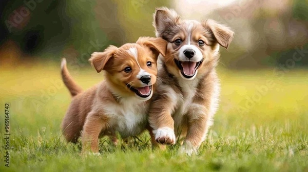 Fototapeta A pair of playful puppies tumbling over each other in a grassy field, with their wagging tails and joyful antics capturing their playful nature.