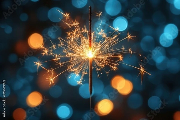 Fototapeta dazzling sparkler illuminating the night with brilliant golden sparks against a bokeh background of colorful lights capturing the joy and excitement of new years eve celebrations