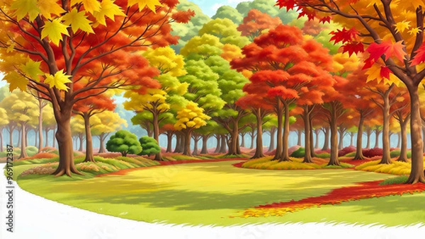 Fototapeta 紅葉の森と公園、白い雲と青い空