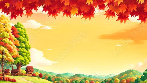 Fototapeta 紅葉の森と公園とコテージ、夕暮れ