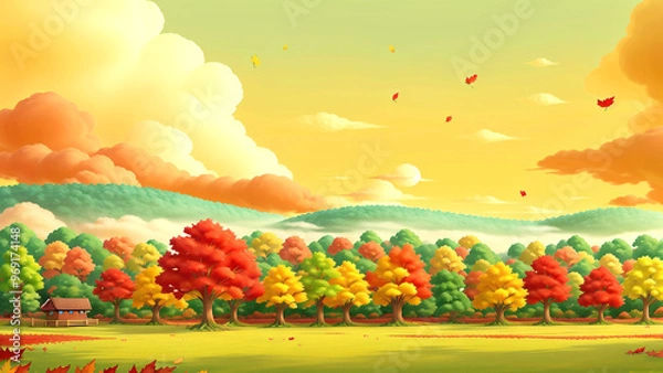 Fototapeta 紅葉の森と公園とコテージ、夕暮れ