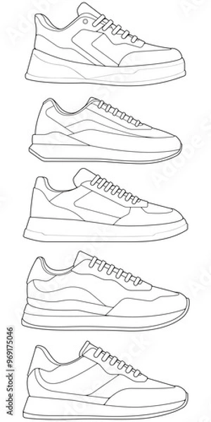 Fototapeta set of outline Cool Sneakers. Shoes sneaker outline drawing vector, Sneakers drawn in a sketch style, sneaker trainers template outline, Set Collection. vector Illustration.