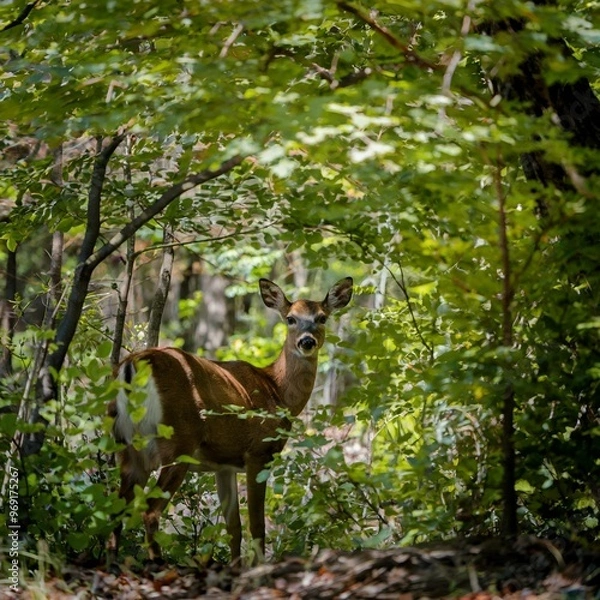 Obraz Deer Peering Cautiously Through Dense Foliage