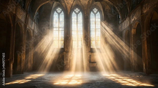 Fototapeta Dramatic Tyndall effect with sunlight piercing through the windows of an old cathedral, casting beams of light across the dusty interior, highlighting its ancient and mysterious atmosphere.