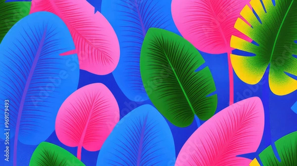 Fototapeta This image showcases a collection of brightly colored tropical leaves, including pink, blue, and green hues, set against a vibrant blue backdrop with a modern artistic style.