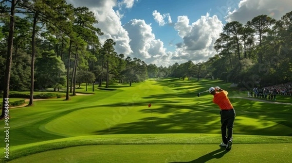Fototapeta A golfer in mid - swing on a lush green course, surrounded by attentive spectators on a sunny day