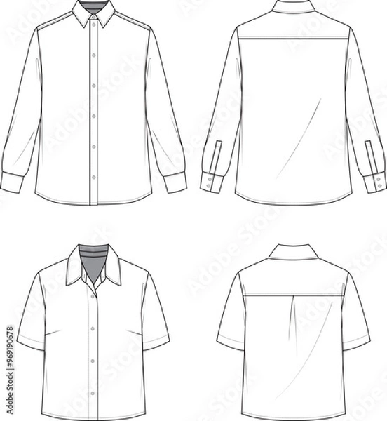 Fototapeta Technical sketch classic button-down shirt template.  Front and back collared shirt set with long sleeves or short sleeves.