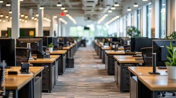 Fototapeta A spacious, modern open-plan office with rows of desks and computer monitors, well-lit with natural light from large windows, designed for a collaborative working environment