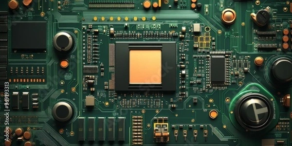 Fototapeta Closeup of green electronic circuit board with radio parts and chip processors background