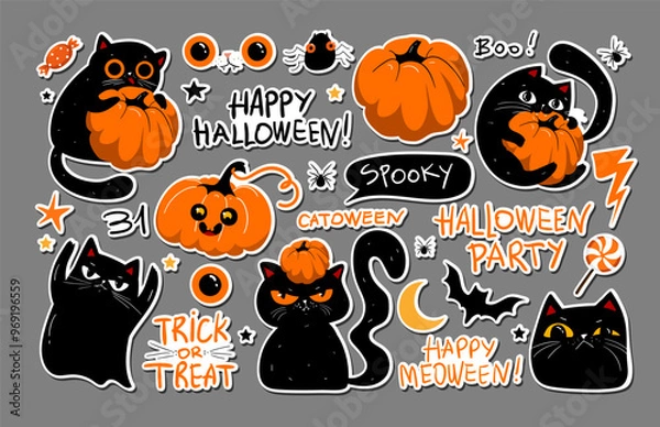 Obraz Set of halloween grumpy black cats, lettering and scarry kawaii punpkins. Set of halloweeen stickers, badges, scrapbooking elements. Happy halloween set. Halloween party, vector EPS 10