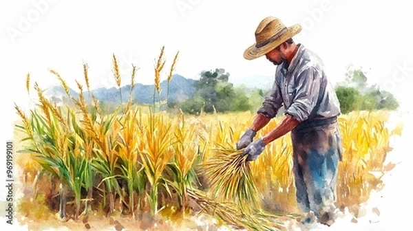 Fototapeta A watercolor illustration depicting a farmer in a straw hat harvesting ripe golden wheat in a sunlit field with distant hills.
