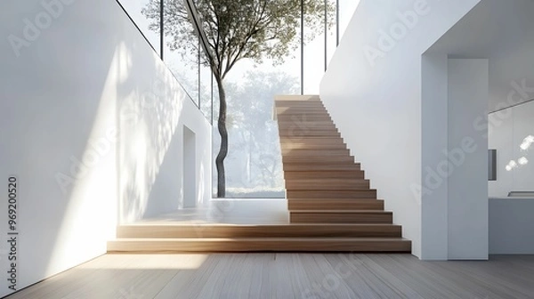 Fototapeta A bright, minimalist interior featuring a floating wooden staircase and large windows showcasing an outdoor tree, blending nature with modern design.