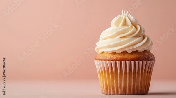 Fototapeta Exquisite 3D Cupcake with Delicate Frosting on Soft Background, Bakery Craftsmanship Symbol, Copy Space for Text