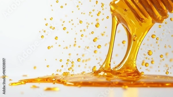 Fototapeta Honey Drizzle and Splashes on White Background