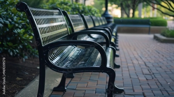 Obraz A row of black metal benches in a park setting, inviting relaxation and social interaction among visitors.