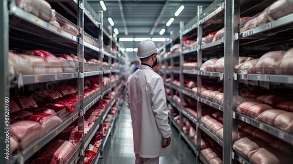 Obraz Quality control inspection in meat storage facility