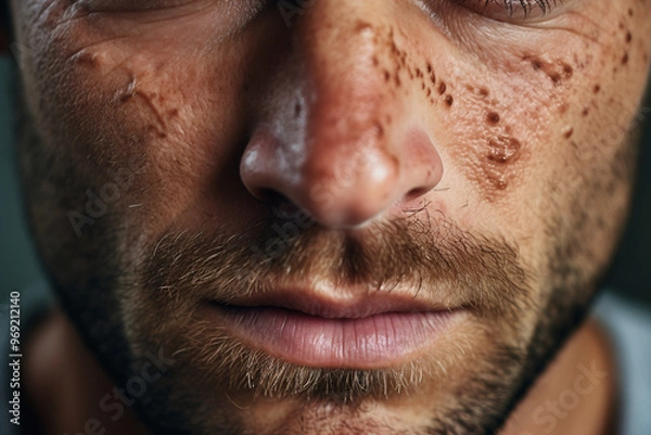 Fototapeta Close up portrait of a face with skin issues acne wrinkles and imperfections generative AI