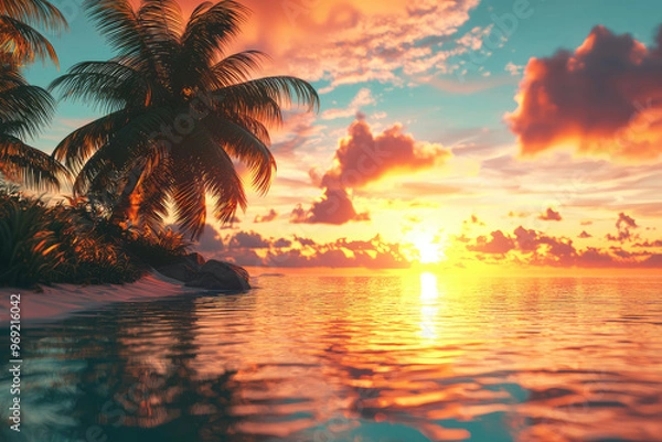 Fototapeta A tropical paradise with vibrant sunset reflecting on calm waters