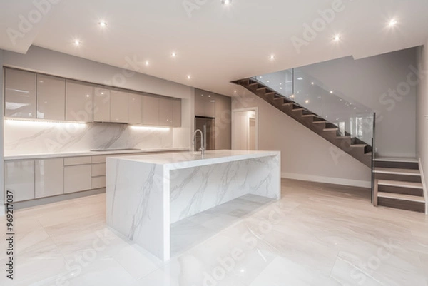 Obraz Sleek modern basement kitchen featuring a large white marble island, glossy cabinets, and a glass staircase with ambient lighting
