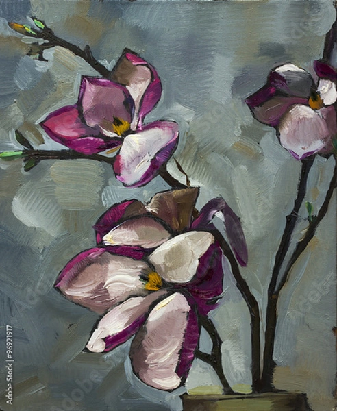 Obraz Oil painting still life with  purple  magnolia flowers On  Canvas with  texture  in the grayscale