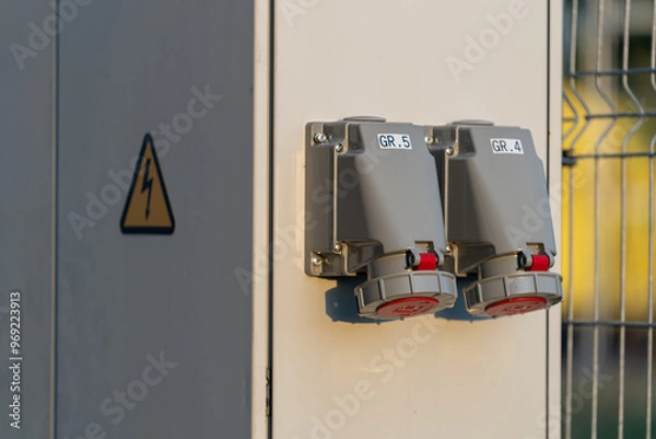 Fototapeta Industrial electrical fuse box on the backstage of a concert used for powering stage equipment