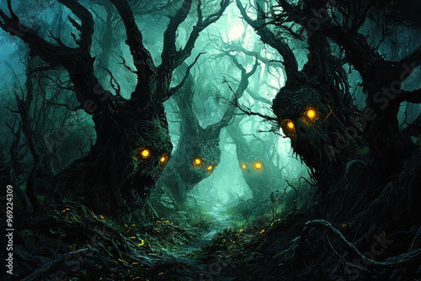 Fototapeta A dark and twisted forest with gnarled trees and glowing eyes creates an eerie atmosphere