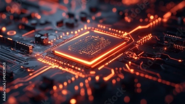 Fototapeta Quantum Processor Chip with Futuristic Designs: A close-up of a quantum processor chip glowing with futuristic energy lines.