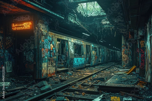Fototapeta Abandoned subway station with graffiti and debris, evoking post apocalyptic atmosphere