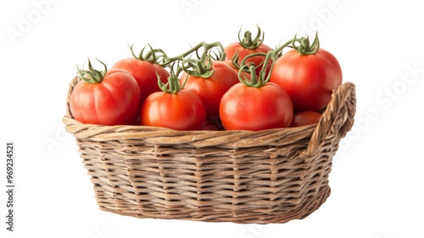 Fototapeta Exquisite representation of ripe tomatoes elegantly arranged in a rustic basket, showcasing natural beauty.