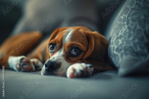 Obraz Beagle puppy with very sad eyes which is lying on the sofa, wrapped in a warm blanket, he is sick or injured and needs help, he looks pitifully at the camera. Veterinary care or animal shelter concept