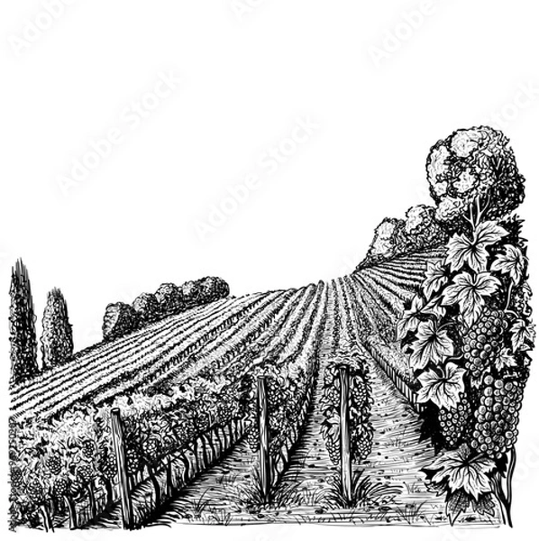 Fototapeta Black and White Vineyard on a Slope in Sketch Style.eps
