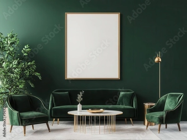 Fototapeta A luxury living room with dark green velvet seating, a gold-framed coffee table, and a large abstract painting, 3D rendering, Sophisticated elegance