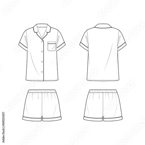 Obraz Technical vector sketch of fluid satin pajmas set. Sleepwear set. Short sleeve button down shirt top with notched collar neck. Pull on shorts with waist band. 
