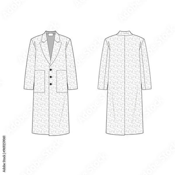 Obraz Oversize long coat vector sketch. Lapel collar long sleeve outerwear with three buttons. Short fur wool texture and oversize patch pockets.