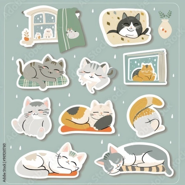 Obraz A sticker sheet featuring cats in cozy, relaxed poses,
