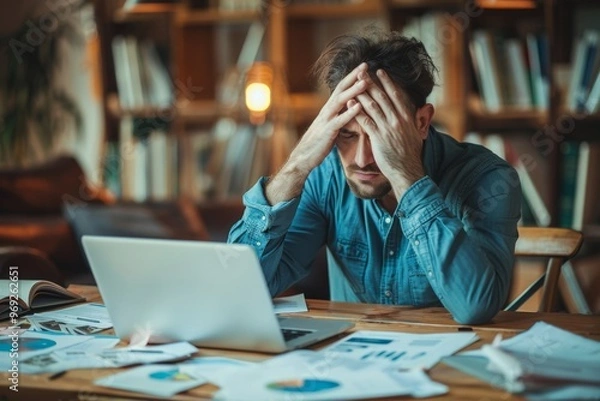 Obraz a man sitting at a desk, holding his head in his hands with a stressed expression